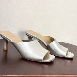 Naturalizer Stacy Silver Metallic Leather Kitten Heel Mules Square Open Toe 9M